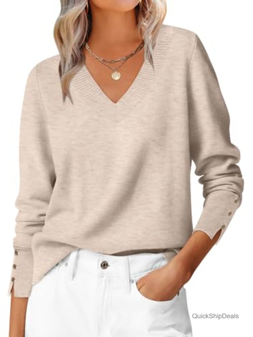 Women's Lightweight Knit V-Neck Pullover Sweater Long Sleeve